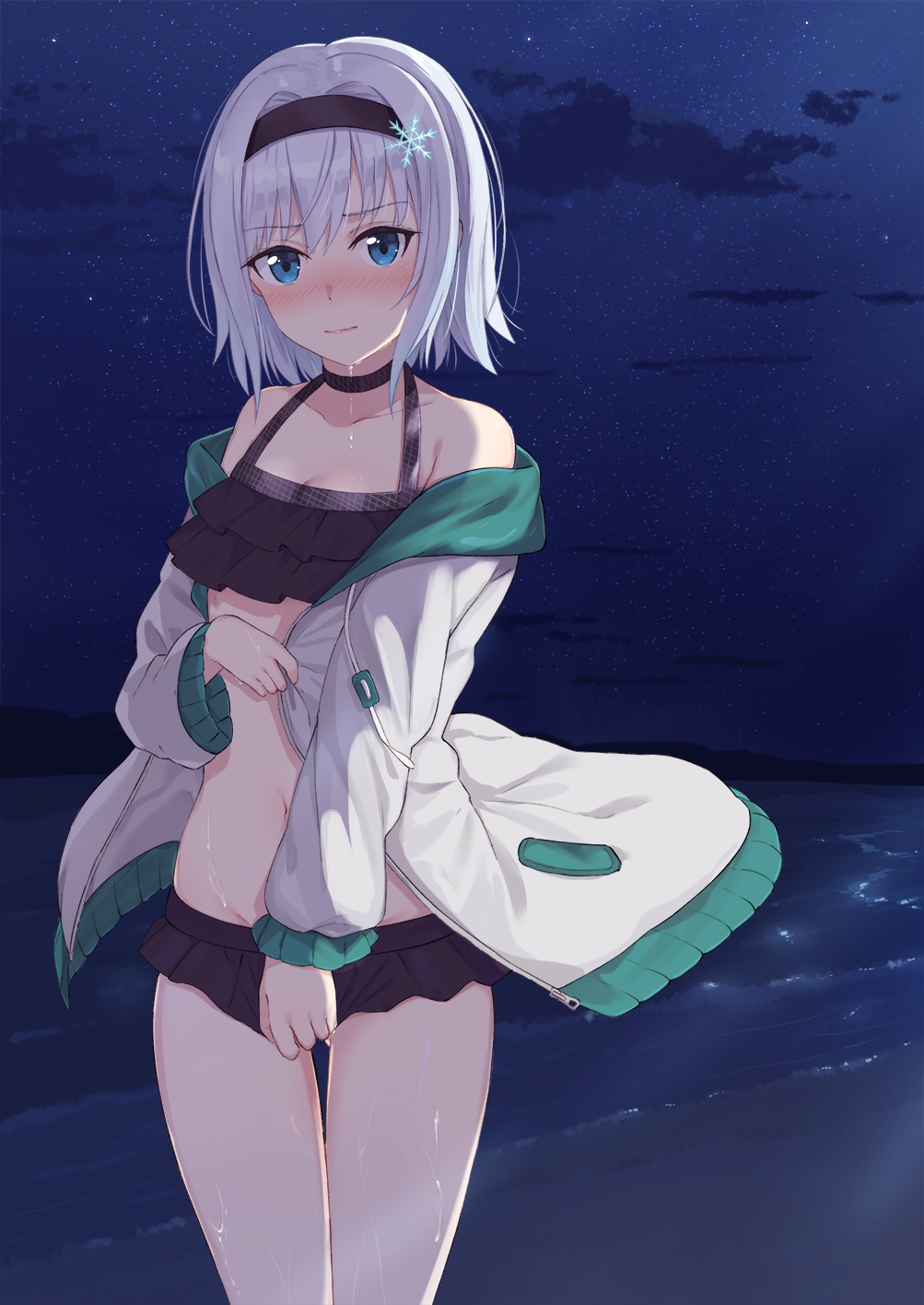 1girl bangs bare_shoulders beach bikini black_bikini black_choker black_hairband blue_eyes blush choker clouds collarbone cowboy_shot drawstring eyebrows_visible_through_hair gluteal_fold hairband highres jacket layered_bikini lips long_sleeves looking_at_viewer mirai_(mirai76_) navel night night_sky ocean off_shoulder open_clothes open_jacket outdoors ryuuou_no_oshigoto! shore short_hair silver_hair sky snowflakes solo sora_ginko standing star_(sky) starry_sky stomach swimsuit thigh_gap thighs water white_jacket