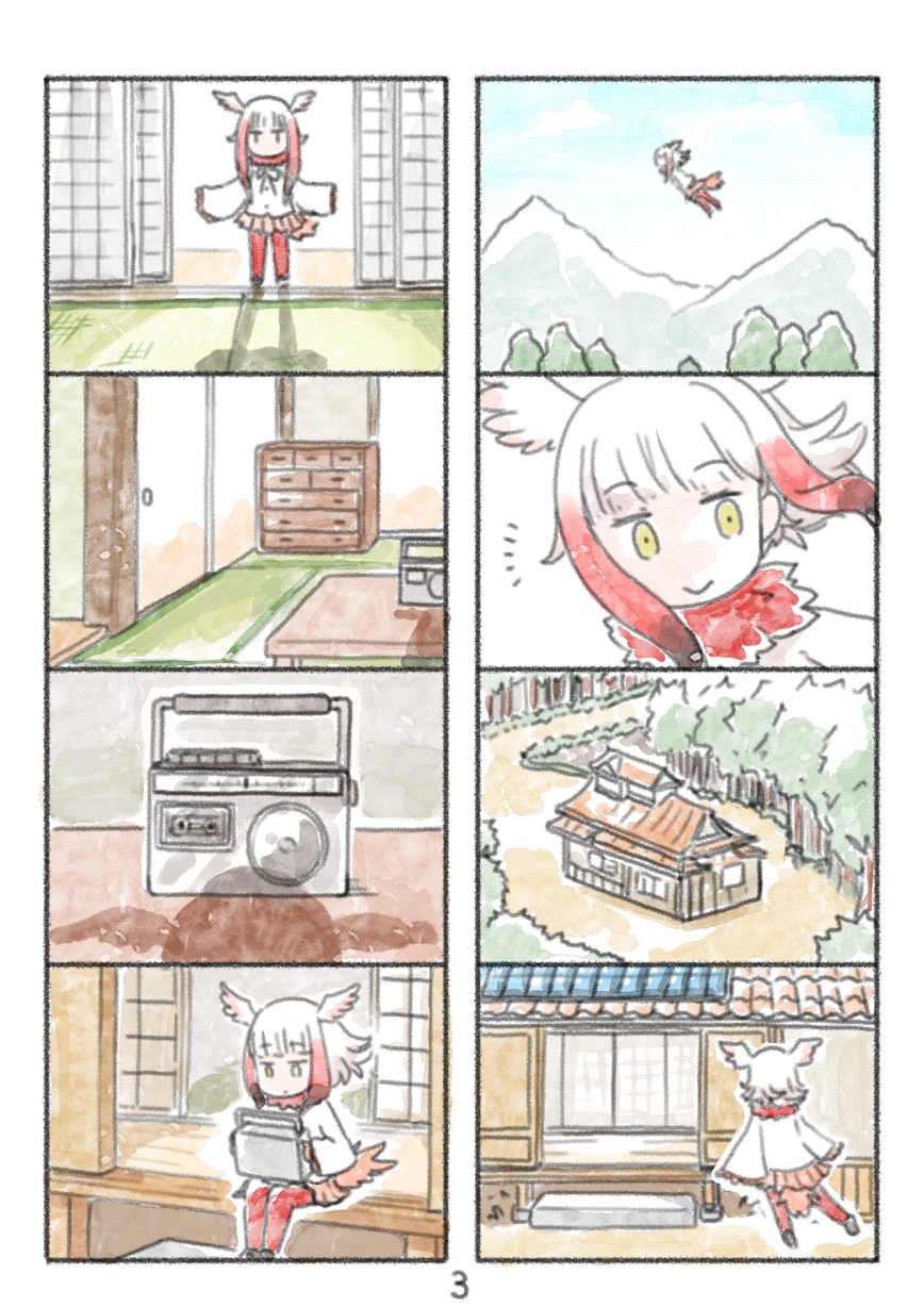 1girl 4koma cassette_player comic flying head_wings highres japanese_crested_ibis_(kemono_friends) kemono_friends multicolored_hair multiple_4koma page_number redhead silent_comic sitting white_hair yellow_eyes