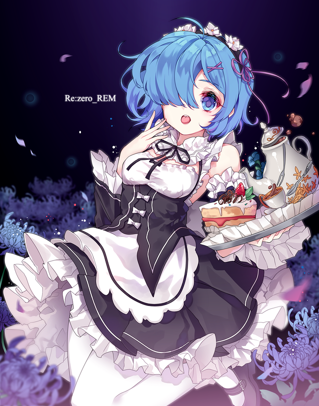 1girl blue_eyes blue_hair blush breasts cake character_name cleavage copyright_name eyebrows_visible_through_hair food hair_ornament hair_over_one_eye harin_0 holding holding_tray looking_at_viewer maid mary_janes medium_breasts pantyhose parted_lips re:zero_kara_hajimeru_isekai_seikatsu rem_(re:zero) shoes solo tongue tongue_out tray white_legwear x_hair_ornament