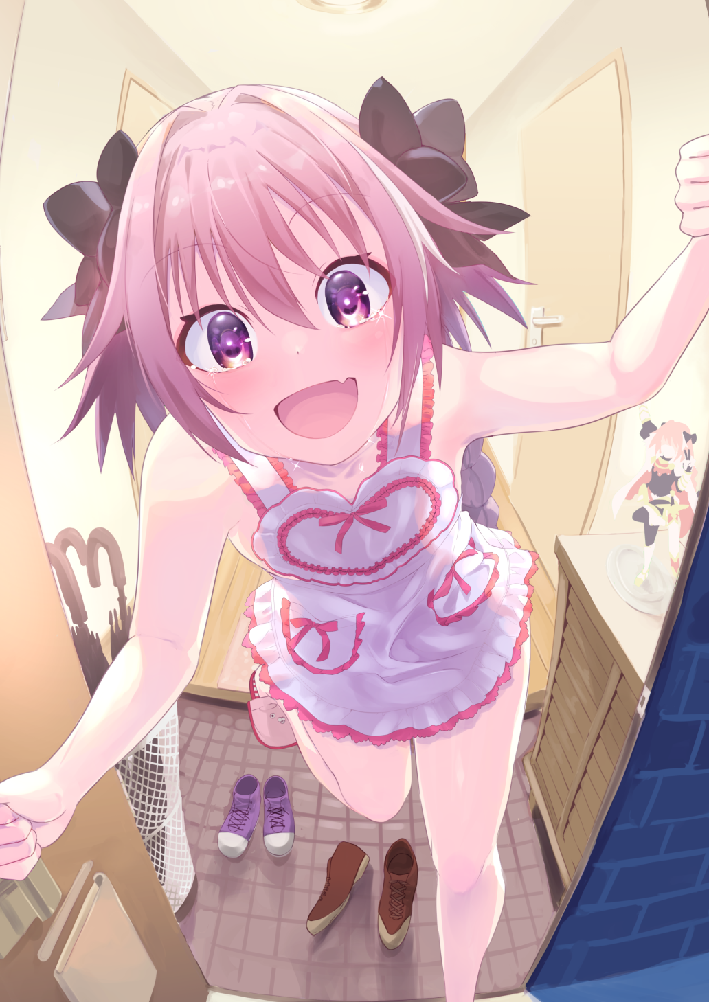 1boy :d alternate_costume apron astolfo_(fate) bare_arms bare_legs bare_shoulders black_bow blush bow braid bright_pupils brown_footwear closed_umbrella collarbone crying crying_with_eyes_open door doorway eyebrows_visible_through_hair fang fate/apocrypha fate_(series) figure fisheye frilled_apron frills hair_bow happy_tears heart highres indoors leg_up long_hair looking_at_viewer male_focus multicolored_hair naked_apron open_mouth p_answer pink_footwear pink_hair purple_footwear shelf shiny shiny_hair shoes single_braid slippers smile solo standing standing_on_one_leg streaked_hair tareme tears trap umbrella umbrella_stand very_long_hair violet_eyes white_apron white_hair