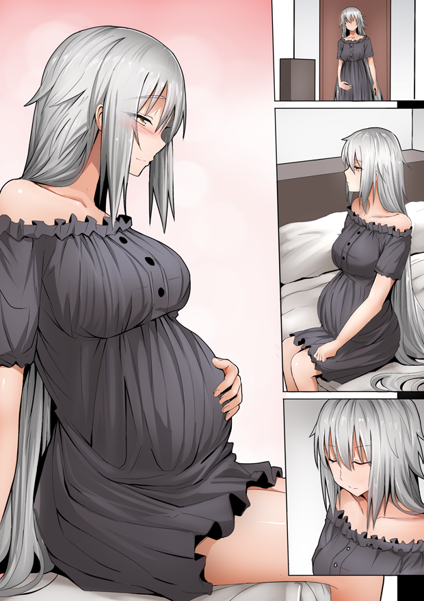 1girl bare_shoulders black_dress closed_eyes comic commentary dress eyebrows_visible_through_hair eyes_visible_through_hair fate/grand_order fate_(series) ginhaha hand_on_own_stomach indoors jeanne_d'arc_(alter)_(fate) jeanne_d'arc_(fate)_(all) long_hair on_bed pregnant silver_hair sitting smile strapless strapless_dress very_long_hair yellow_eyes