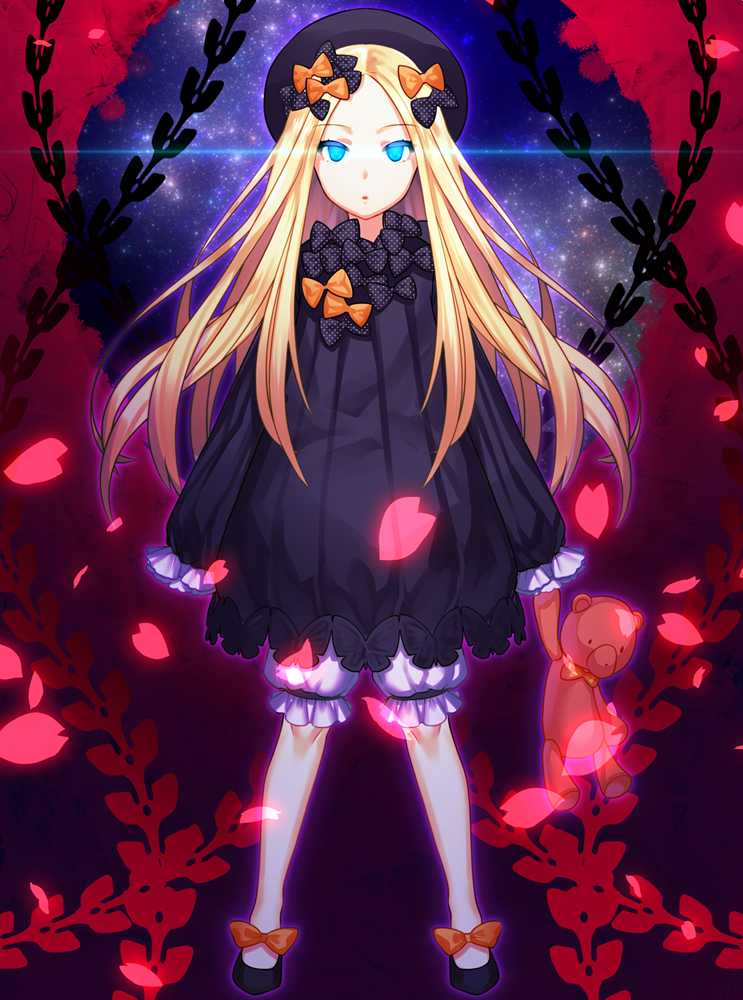 1girl :o abigail_williams_(fate/grand_order) bangs black_bow black_dress black_footwear black_hat blonde_hair bloomers blue_eyes bow butterfly commentary_request dress eyebrows_visible_through_hair fate/grand_order fate_(series) forehead full_body glowing glowing_eyes hair_bow hakkasui hat holding holding_stuffed_animal long_hair long_sleeves looking_at_viewer orange_bow parted_bangs parted_lips petals polka_dot polka_dot_bow shoes sleeves_past_fingers sleeves_past_wrists solo standing stuffed_animal stuffed_toy teddy_bear underwear very_long_hair white_bloomers