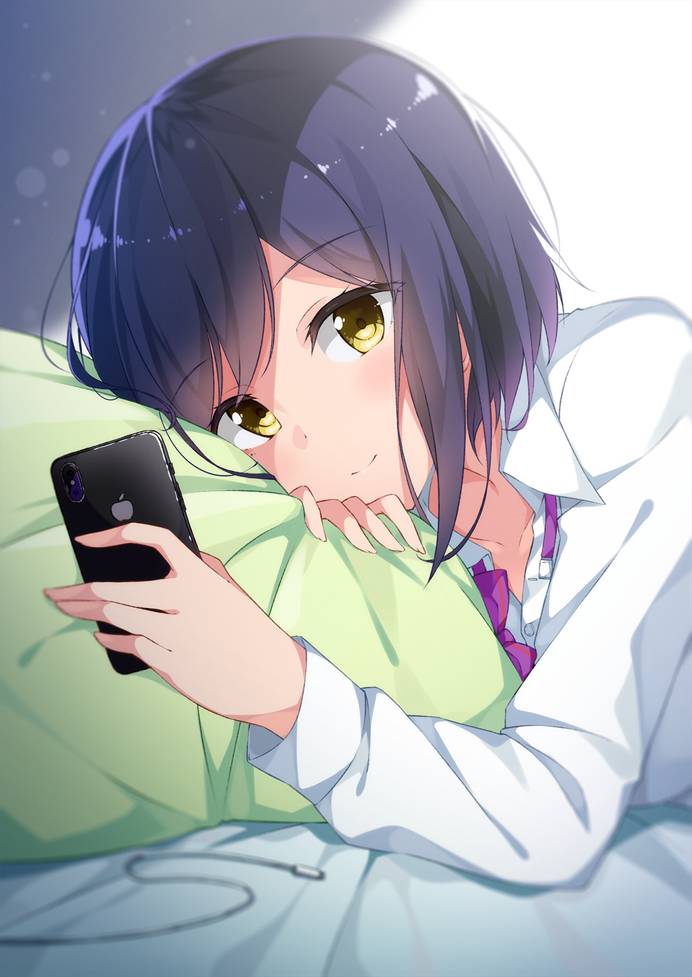 black_hair eyebrows_visible_through_hair highres looking_at_viewer lying nijisanji on_stomach phone pillow shizuka_rin smile taiyaki_(astre) yellow_eyes