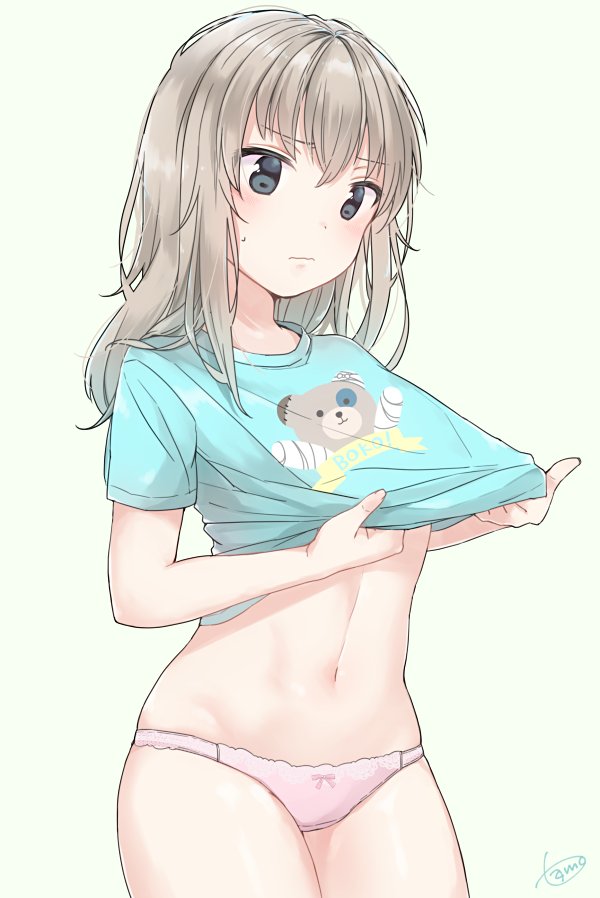 1girl animal_print artist_name bandage bangs bear_print blue_eyes blush boko_(girls_und_panzer) bow bow_panties casual closed_mouth commentary cowboy_shot crotch_seam eyebrows_visible_through_hair frown girls_und_panzer green_shirt itsumi_erika long_hair navel no_pants panties pink_panties print_shirt shirt shirt_lift signature silver_hair simple_background solo standing stuffed_animal stuffed_toy sweatdrop t-shirt tam_a_mat teddy_bear underwear wavy_mouth yellow_background