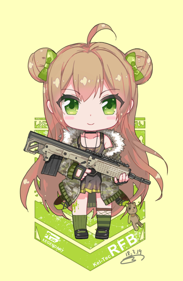 &gt;:) 1girl ahoge bangs bare_shoulders black_dress black_gloves blush_stickers bow brown_hair bullpup camouflage_jacket character_name chibi closed_mouth collarbone dated double_bun dress eyebrows_visible_through_hair fingerless_gloves girls_frontline gloves green_bow green_eyes green_legwear gun hair_between_eyes hair_bow holding holding_gun holding_weapon jacket kel-tec_rfb long_hair long_sleeves looking_at_viewer mismatched_legwear object_namesake open_clothes open_jacket rfb_(girls_frontline) rifle side_bun signature sleeveless sleeveless_dress smile solo ssalbaram standing striped striped_legwear stuffed_animal stuffed_toy teddy_bear v-shaped_eyebrows very_long_hair weapon