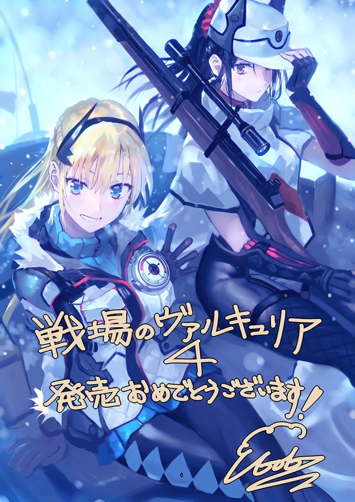 black_hair blonde_hair bob_(biyonbiyon) fingerless_gloves gloves gun hat headband jacket kai_schren leggings looking_at_viewer military reiley_miller rifle senjou_no_valkyria senjou_no_valkyria_4 skirt smile sniper_rifle snow tagme uniform weapon