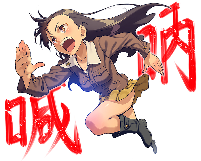 1girl asymmetrical_bangs bangs black_footwear boots breasts brown_eyes brown_hair brown_jacket cleavage commentary_request foreshortening full_body girls_und_panzer jacket knee_boots long_hair long_sleeves medium_breasts military military_uniform miniskirt nishi_kinuyo open_mouth pairan pleated_skirt running shirt simple_background skirt solo standing translation_request uniform white_background white_shirt wind yellow_skirt