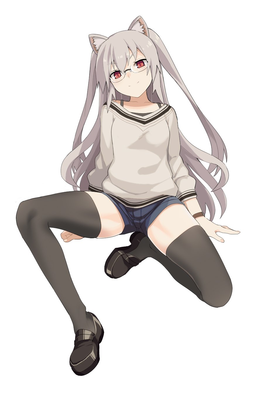 1girl animal_ears black_legwear cat_ears grey_hair highres kuroki_narumi long_hair ningen_(ningen96) red_eyes shorts sitting sweater thigh-highs virtual_youtuber