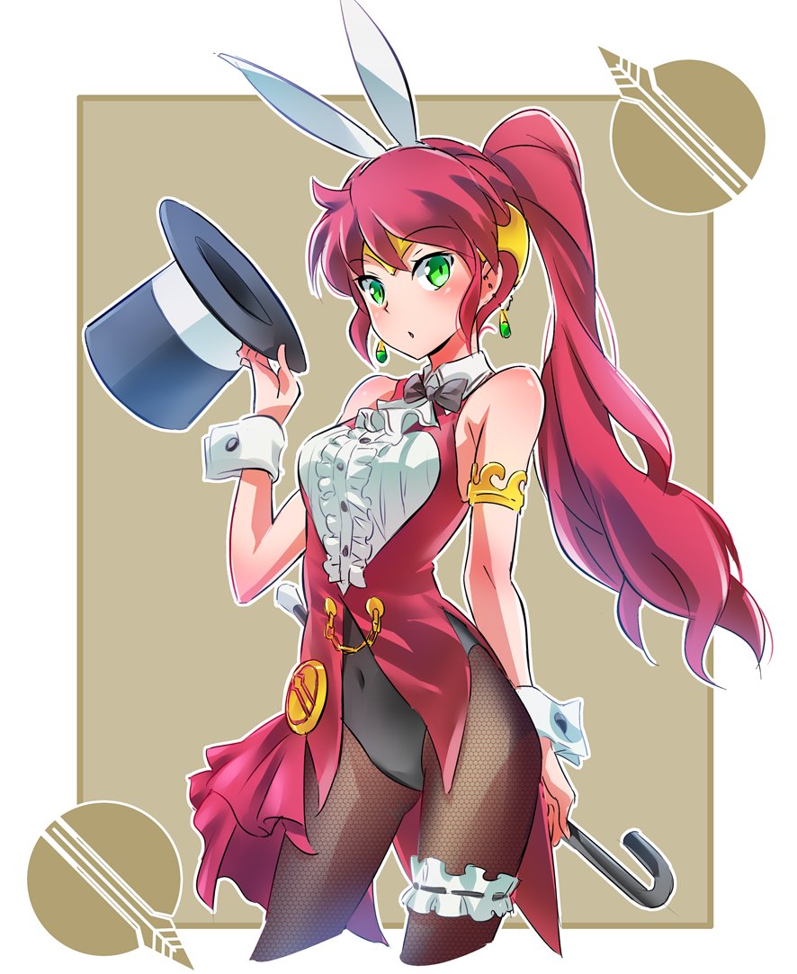 1girl animal_ears coattails cravat fishnet_pantyhose fishnets green_eyes hair_ribbon hat iesupa leotard pantyhose pyrrha_nikos rabbit_ears redhead ribbon rwby solo top_hat wrist_cuffs