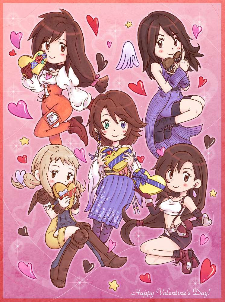 black_hair bodysuit breasts commentary_request final_fantasy final_fantasy_ix final_fantasy_vii final_fantasy_viii final_fantasy_x final_fantasy_xii garnet_til_alexandros_xvii groin happy heterochromia long_hair medium_hair multiple_girls orange_bodysuit penelo rinoa_heartilly shouta_(shbz) tifa_lockhart yuna_(ff10)