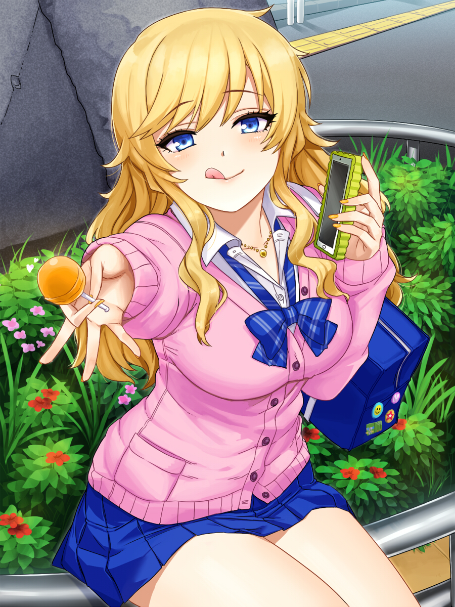 1girl angelo_(gomahangetsu) bangs blonde_hair blue_eyes blush breasts candy eyebrows_visible_through_hair food highres idolmaster idolmaster_cinderella_girls idolmaster_cinderella_girls_starlight_stage large_breasts lollipop long_hair looking_at_viewer ootsuki_yui smile solo wavy_hair