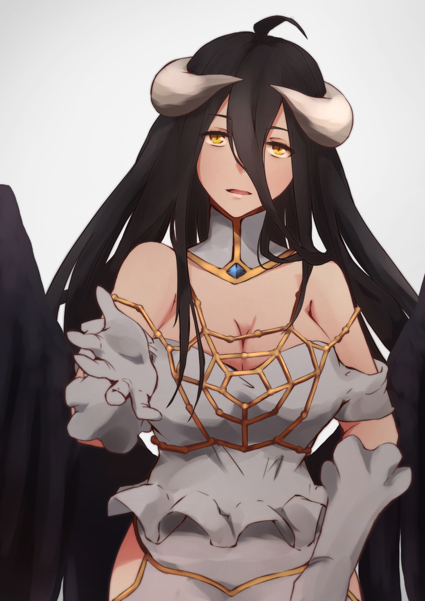 1girl albedo bare_shoulders black_hair black_wings breasts demon_girl demon_horns demon_wings dress elbow_gloves gloves highres horns large_breasts looking_at_viewer open_mouth overlord_(maruyama) simple_background solo sonri white_dress white_gloves wings yellow_eyes