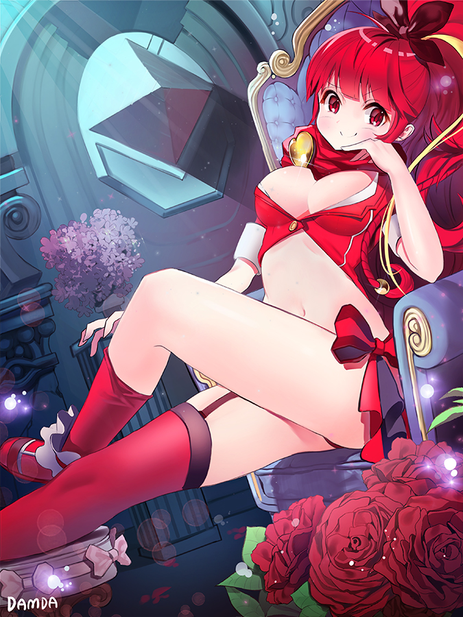 1girl armchair artist_name blush bow breasts chair cleavage closed_mouth damda eyebrows_visible_through_hair flower garter_straps hair_bow kneehighs large_breasts legs_crossed long_hair looking_at_viewer navel original ponytail red_bow red_eyes red_flower red_legwear red_rose redhead rose sitting smile solo thigh-highs