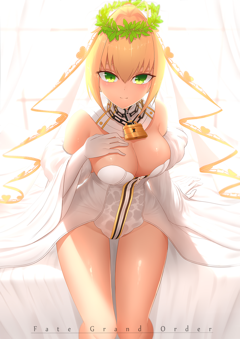 1girl ahoge bare_shoulders bed_sheet blonde_hair blush breasts bridal_veil bu_li cleavage copyright_name detached_collar detached_sleeves fate/extra fate/extra_ccc fate/grand_order fate_(series) full-length_zipper gloves green_eyes head_wreath large_breasts leotard lock nero_claudius_(bride)_(fate) nero_claudius_(fate)_(all) on_bed padlock shiny shiny_hair short_hair sitting smile solo veil white_gloves zipper zipper_pull_tab