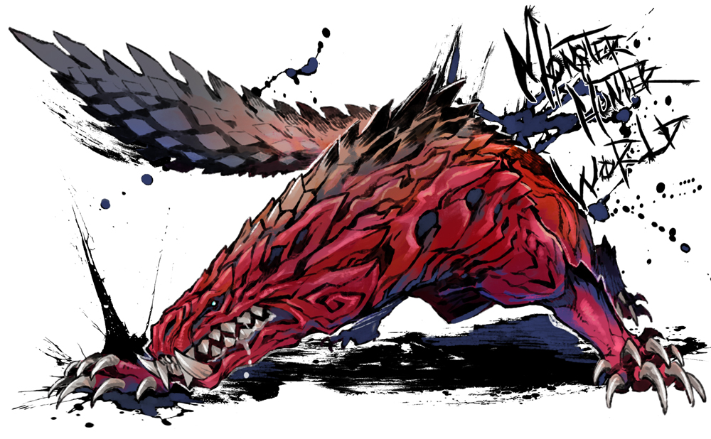 blue_eyes claws closed_mouth commentary_request copyright_name drooling fighting_stance full_body fuse_ryuuta monster_hunter monster_hunter:_world no_humans odogaron sharp_teeth simple_background snout solo standing tail teeth white_background
