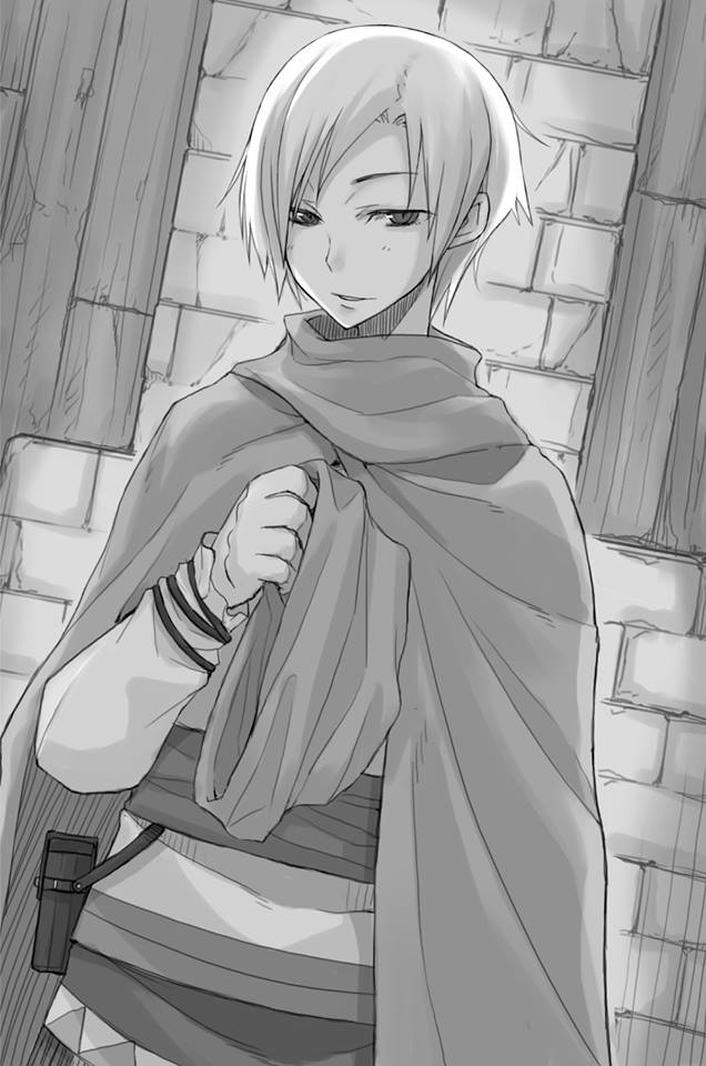1girl ayakura_juu dutch_angle eve_bolan greyscale holding looking_at_viewer monochrome novel_illustration official_art parted_lips short_hair solo spice_and_wolf standing
