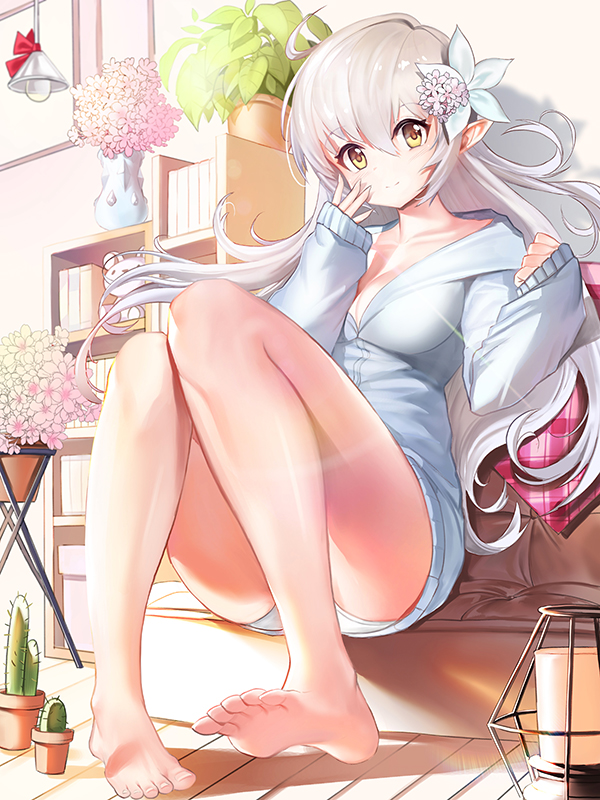 1girl barefoot blush bookshelf breasts cactus cleavage closed_mouth damda eyebrows_visible_through_hair feet flower hair_flower hair_ornament indoors large_breasts looking_at_viewer original plant pointy_ears potted_plant silver_hair sitting smile solo vase yellow_eyes