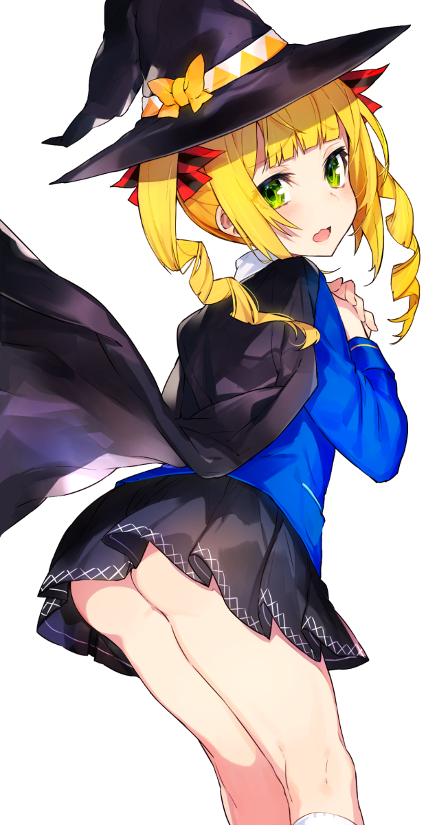 1girl ass blonde_hair cape copyright_request green_eyes hat highres kneehighs mika_pikazo open_mouth ribbon simple_background skirt solo twintails white_background witch_hat