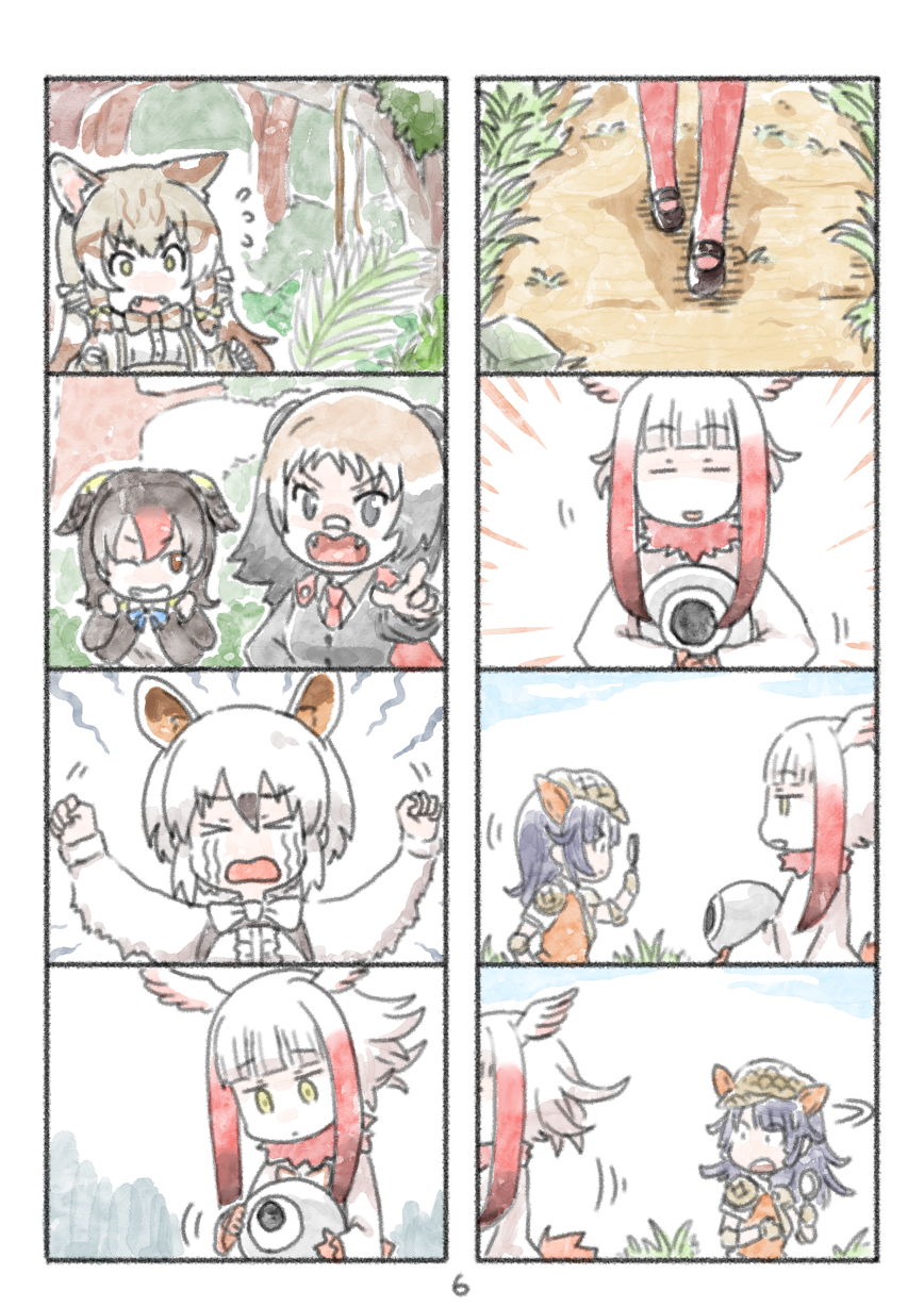 &gt;_&lt; 4koma 6+girls animal_ears bangs blunt_bangs cerulean_(kemono_friends) character_request comic fangs hands_up head_wings highres japanese_crested_ibis_(kemono_friends) kemono_friends magnifying_glass multicolored_hair multiple_4koma multiple_girls murakami_rei page_number pointing redhead silent_comic southern_tamandua_(kemono_friends) white_hair yellow_eyes