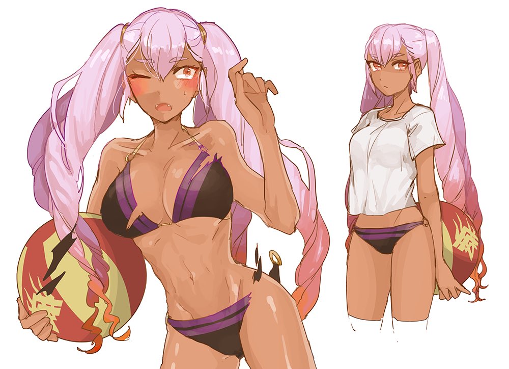 1girl ass bikini breasts dark_skin fire_emblem fire_emblem_heroes gradient_hair hair_ornament laevateinn_(fire_emblem_heroes) long_hair looking_at_viewer multicolored_hair navel one_eye_closed pink_hair red_eyes shirt solo swimsuit tnmrdgr twintails