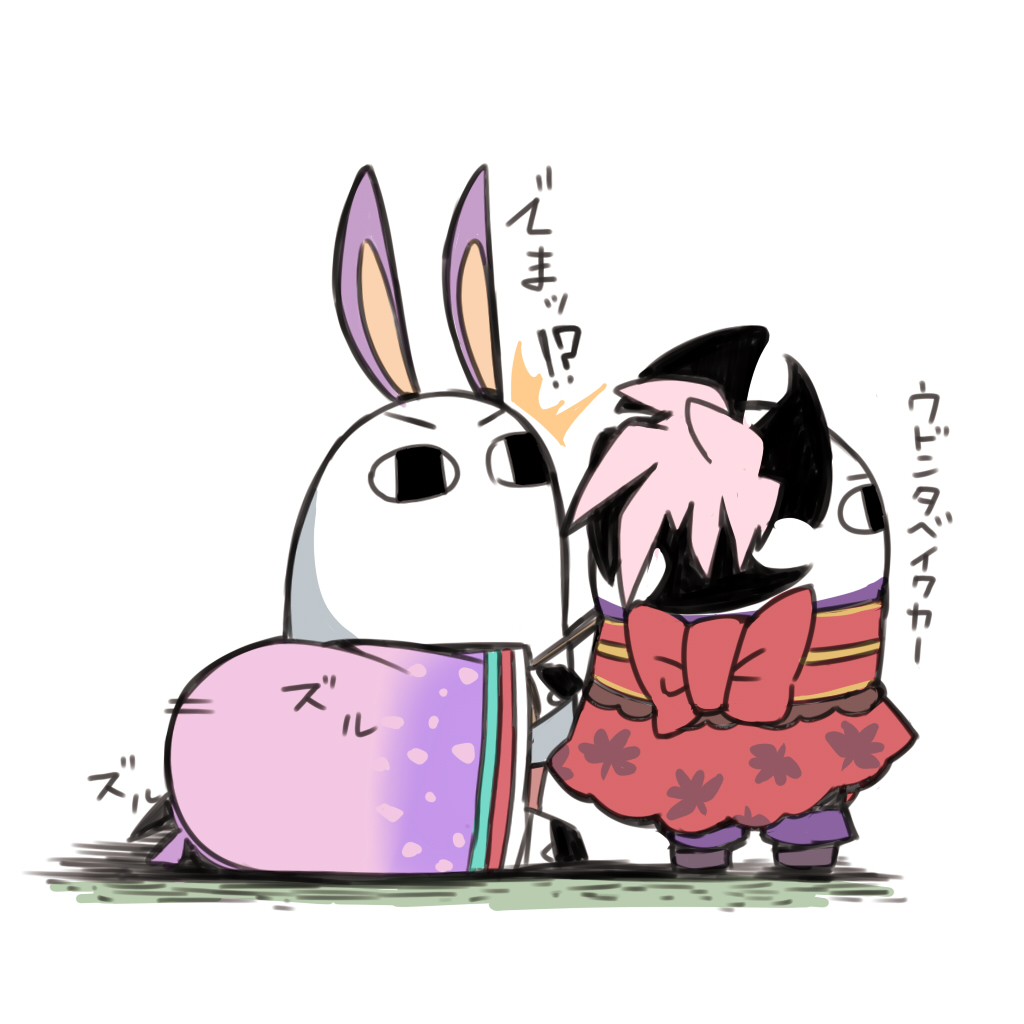 3girls animal_ears bow commentary_request cosplay dragging fate/grand_order fate_(series) iguana_henshuu-chou jackal_ears medjed medjed_(cosplay) miyamoto_musashi_(fate/grand_order) multiple_girls nitocris_(fate/grand_order) nitocris_(swimsuit_assassin)_(fate) osakabe-hime_(fate/grand_order) pink_hair ponytail red_bow standing translation_request white_background