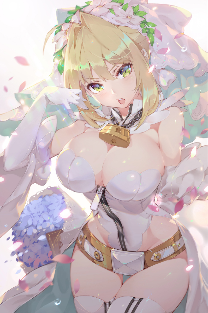 1girl ahoge belt blonde_hair blush bouquet breasts bridal_veil calder chains cleavage detached_sleeves eyebrows_visible_through_hair fate/extra fate/extra_ccc fate/grand_order fate_(series) flower full-length_zipper gloves green_eyes hair_intakes head_wreath highres large_breasts leotard lips lock looking_at_viewer loose_belt nero_claudius_(bride)_(fate) nero_claudius_(fate)_(all) open_mouth padlock petals round_teeth simple_background solo strapless strapless_leotard teeth thigh-highs thigh_gap veil white_background white_gloves white_legwear white_leotard zipper zipper_pull_tab