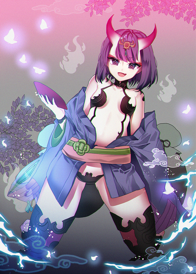 1girl bare_shoulders blush breasts collarbone eyebrows_visible_through_hair fate/grand_order fate_(series) harin_0 horns looking_at_viewer open_mouth purple_hair short_hair shuten_douji_(fate/grand_order) small_breasts smile solo violet_eyes