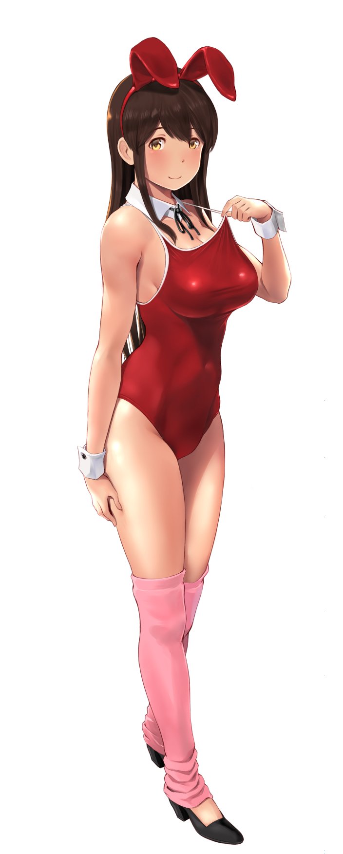 1girl = akagi_(kantai_collection) animal_ears bare_legs black_footwear blush breasts brown_hair bunnysuit detached_collar fake_animal_ears full_body highres kantai_collection large_breasts leg_warmers leotard leotard_pull long_hair looking_at_viewer pink_legwear rabbit_ears red_leotard shoes simple_background smile solo wa_(genryusui) white_background wrist_cuffs