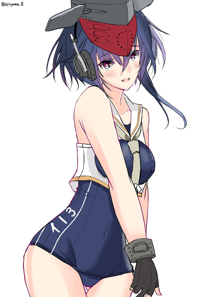 1girl asymmetrical_hair black_hair black_swimsuit brown_eyes character_name cowboy_shot eriyama_e framed_breasts gloves gluteal_fold hair_between_eyes hat headphones highres i-13_(kantai_collection) kantai_collection looking_at_viewer partly_fingerless_gloves sailor_collar school_swimsuit short_hair simple_background single_glove solo standing swimsuit thigh_gap tsurime white_background