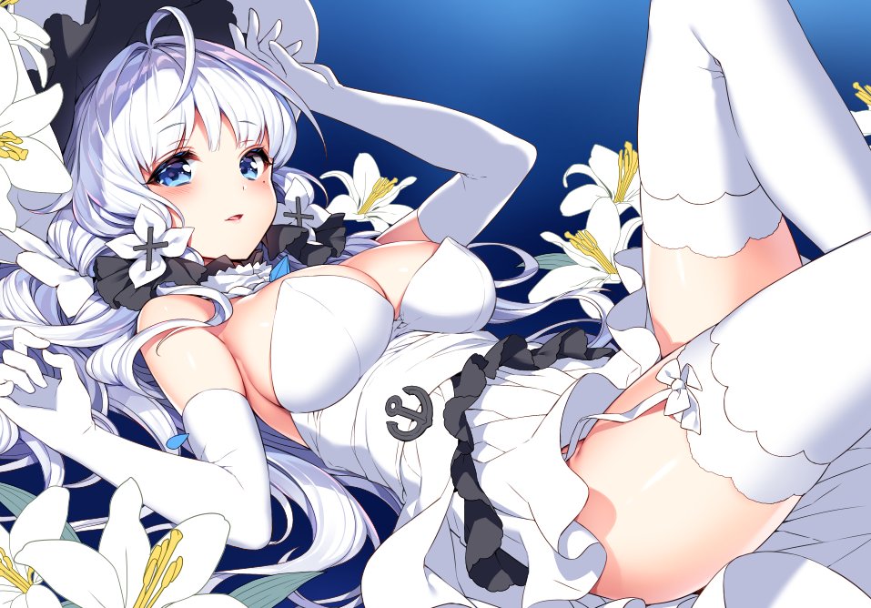 1girl azur_lane bare_shoulders blue_eyes blush breasts cleavage daffodil detached_collar dress elbow_gloves eyebrows_visible_through_hair flower garter_straps gloves hat illustrious_(azur_lane) large_breasts long_hair looking_at_viewer lying mole mole_under_eye nardack on_back parted_lips short_dress solo thigh-highs very_long_hair white_dress white_gloves white_hair white_legwear work_in_progress