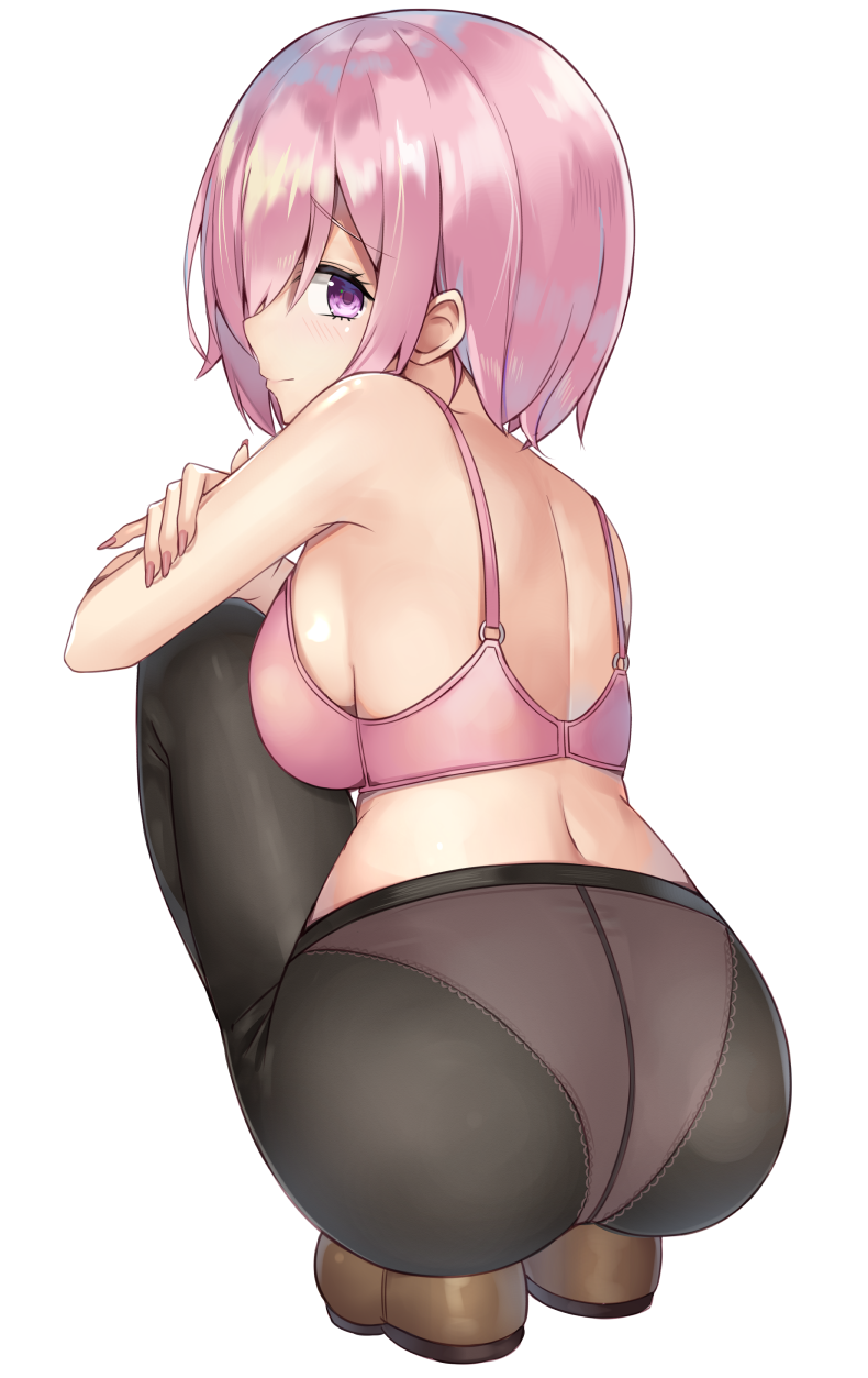 1girl ass back bra breasts eyebrows_visible_through_hair fate/grand_order fate_(series) hair_over_one_eye highres hips kanikou large_breasts lavender_hair looking_back mash_kyrielight panties panties_under_pantyhose pantyhose pink_bra short_hair simple_background solo squatting thighs underwear violet_eyes white_background