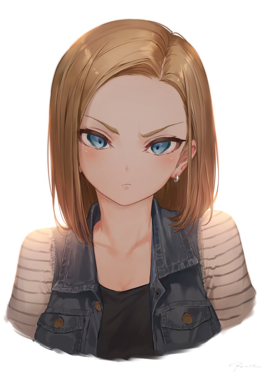1girl android_18 blonde_hair blue_eyes blush breast_pocket collarbone cutoffs denim denim_vest dragon_ball dragonball_z face forehead hakura_kusa highres jewelry long_hair looking_at_viewer open_clothes open_vest pocket simple_background single_earring solo striped_sleeves tsurime upper_body v-shaped_eyebrows vest white_background