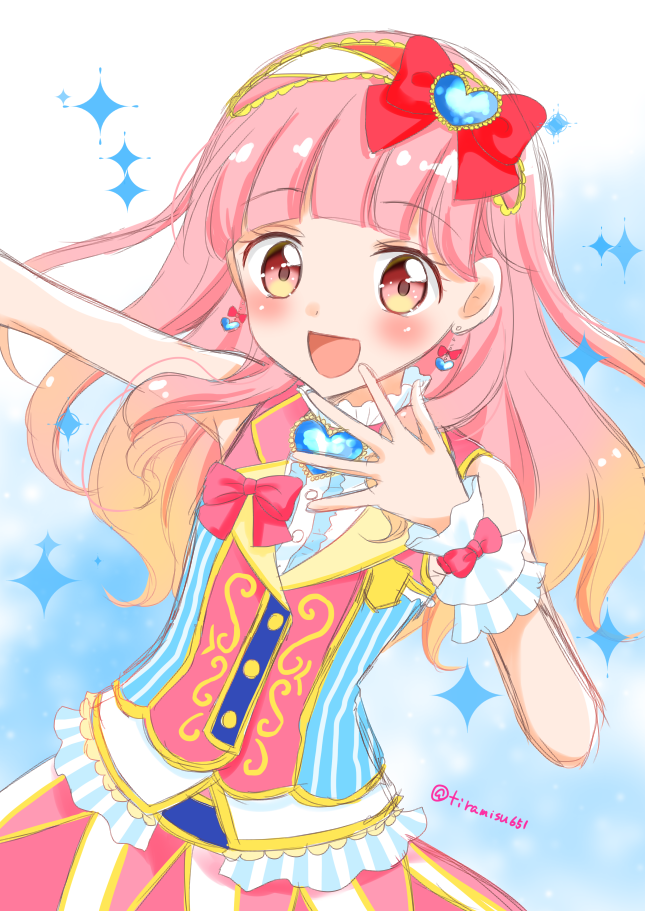 1girl aikatsu_friends! bow commentary earrings hair_bow hairband idol_clothes jewelry long_hair looking_at_viewer multicolored_hair orange_hair pink_eyes pink_hair pink_skirt red_bow skirt smile solo tiramisu651 twitter_username wrist_cuffs yellow_eyes yuuki_aine