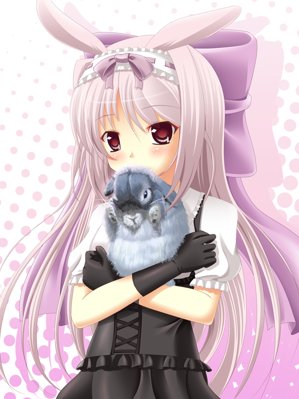 1girl animal animal_ears black_gloves blush bow eyebrows_visible_through_hair gloves grey_hair hair_bow hairband holding holding_animal long_hair looking_at_viewer original oversized_clothes psyche3313 purple_bow rabbit rabbit_ears red_eyes short_sleeves very_long_hair