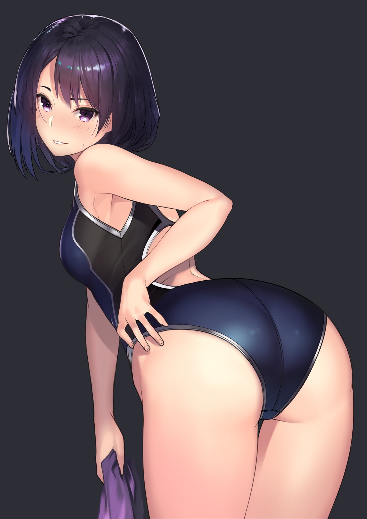 1girl ass black_background black_hair black_swimsuit commentary_request cowboy_shot from_behind highres kagematsuri leaning_forward looking_at_viewer looking_back original parted_lips short_hair simple_background solo standing swimsuit violet_eyes