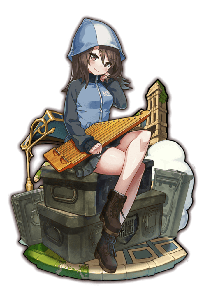 1girl ammo_box ankle_boots bangs blue_footwear blue_hat blue_jacket blue_skirt boots brown_eyes brown_hair closed_mouth collaboration commentary_request cross-laced_footwear emblem eyebrows_visible_through_hair faux_figurine full_body girls_und_panzer grey_legwear hand_in_hair hat head_tilt holding holding_instrument instrument jacket kantele keizoku_(emblem) keizoku_military_uniform lace-up_boots last_period legs_crossed long_hair long_sleeves looking_at_viewer mika_(girls_und_panzer) military military_uniform miniskirt official_art pleated_skirt raglan_sleeves sitting skirt smile socks solo track_jacket transparent_background uniform