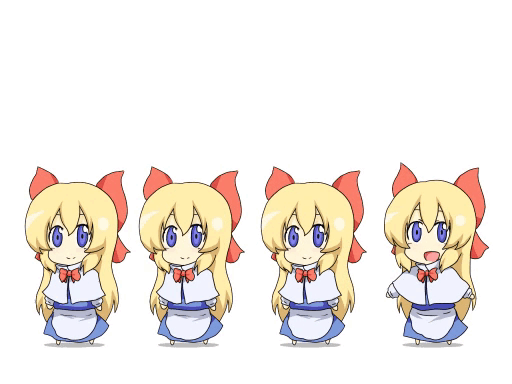 4girls animated animated_gif apron arms_at_sides arms_up black_burakku blonde_hair blue_dress bow capelet chibi closed_mouth dress long_hair long_sleeves multiple_girls music open_mouth red_bow red_neckwear shanghai_doll singing smile touhou violet_eyes