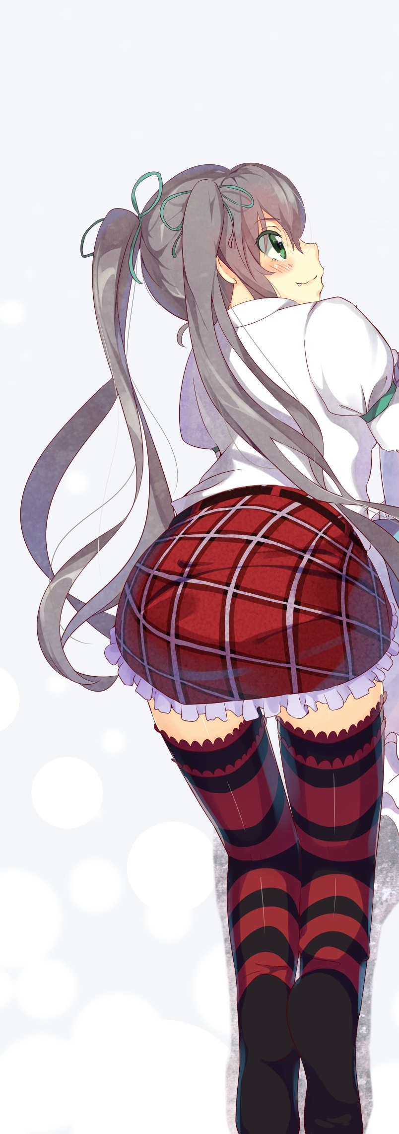 1girl akiba's_trip akiba's_trip_2 ass bent_over blush green_eyes highres long_hair rin_(akiba's_trip_2) shirt silver_hair skirt smile striped striped_legwear thigh-highs twintails very_long_hair