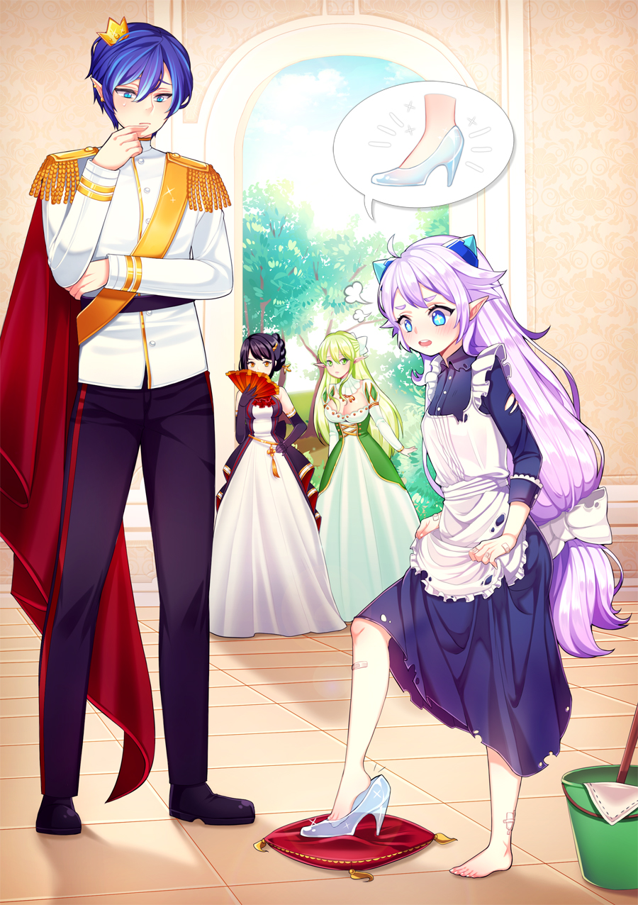 +_+ 1boy 3girls ahoge bandage barefoot black_hair blue_eyes blue_hair blush breasts cape character_request cinderella cleavage closed_mouth elsword glass_slipper green_eyes green_hair high_heels highres jiji_(wldms9313) large_breasts long_hair looking_at_another looking_away luciela_r._sourcream multiple_girls open_mouth pointy_ears purple_hair red_eyes short_hair speech_bubble