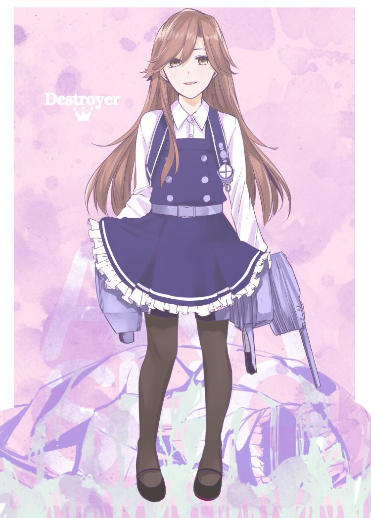 1girl arashio_(kantai_collection) belt black_legwear brown_eyes brown_hair cannon dress frilled_dress frills full_body kantai_collection long_hair looking_at_viewer machinery mary_janes morinaga_miki pantyhose pinafore_dress pink_background remodel_(kantai_collection) searchlight shoes smile solo standing turret