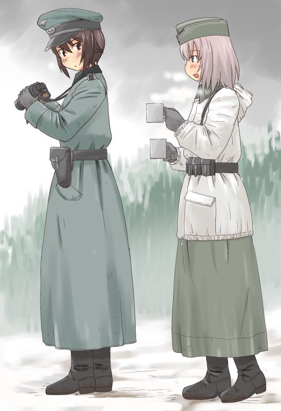 2girls alternate_costume ammunition_belt bangs binoculars black_belt black_footwear blue_eyes blush boots brown_eyes brown_hair closed_mouth coffee_mug commentary day epaulettes eyebrows_visible_through_hair from_side full_body garrison_cap german_clothes girls_und_panzer gloves grey_coat grey_gloves grey_hat hat holding holster itsumi_erika light_frown long_hair looking_at_another looking_back military_hat multiple_girls nishizumi_maho open_mouth outdoors peaked_cap short_hair silver_hair smile snow standing steam trench_coat uona_telepin white_coat world_war_ii