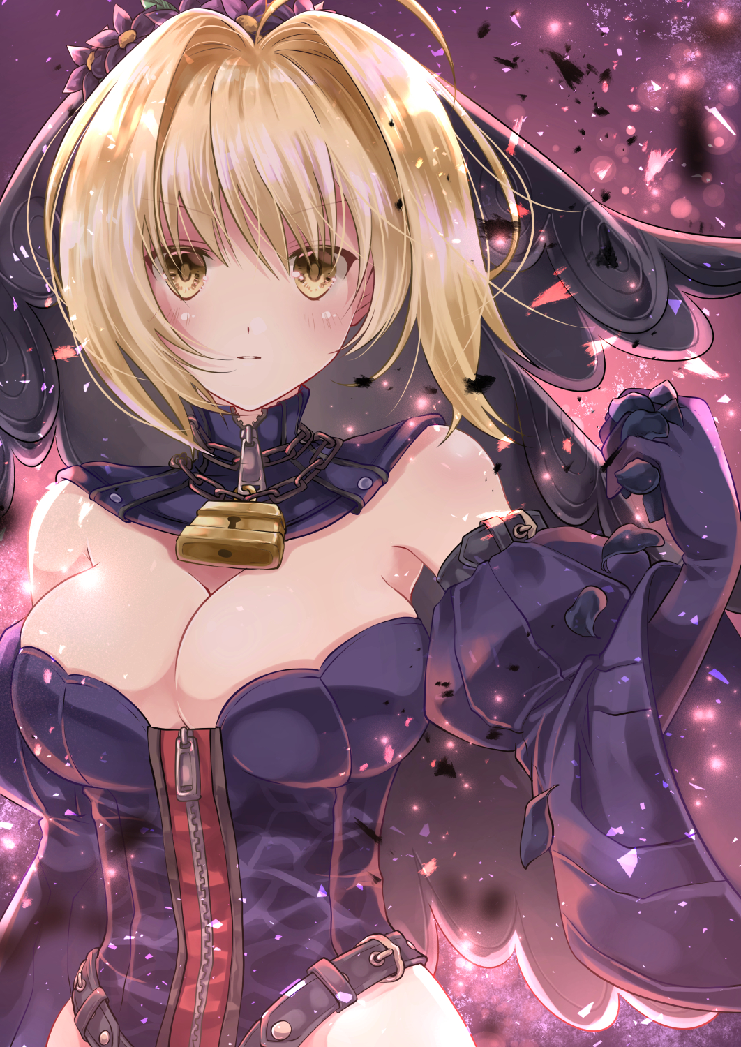 1girl ahoge alternate_color alternate_eye_color black_flower black_gloves black_leotard black_rose blonde_hair blush breasts bridal_veil buckle cleavage clenched_hand commentary_request dark_persona detached_collar detached_sleeves fate/extra fate/extra_ccc fate/grand_order fate_(series) flower gloves hair_intakes highres iroha_(shiki) large_breasts leotard lock nero_claudius_(bride)_(fate) nero_claudius_(fate)_(all) petals rose rose_petals solo upper_body veil wide_sleeves yellow_eyes