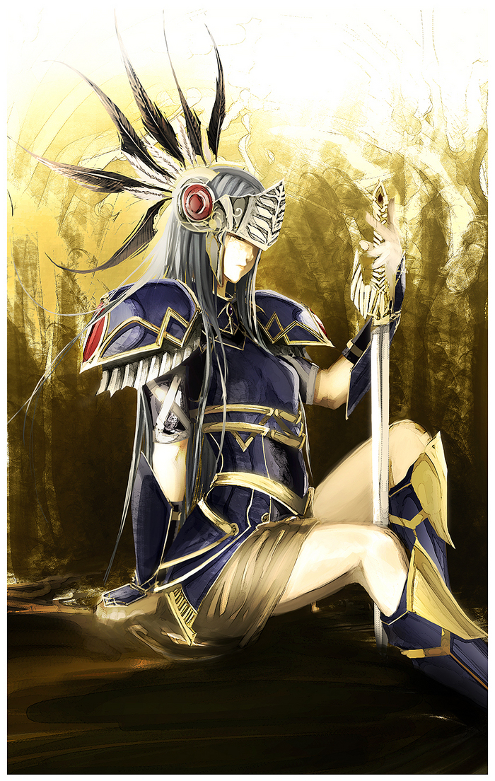 1girl armor armored_dress blue_armor breastplate breasts feathers helmet lenneth_valkyrie long_hair shoulder_pads silver_hair solo sword valkyrie valkyrie_profile very_long_hair weapon winged_helmet