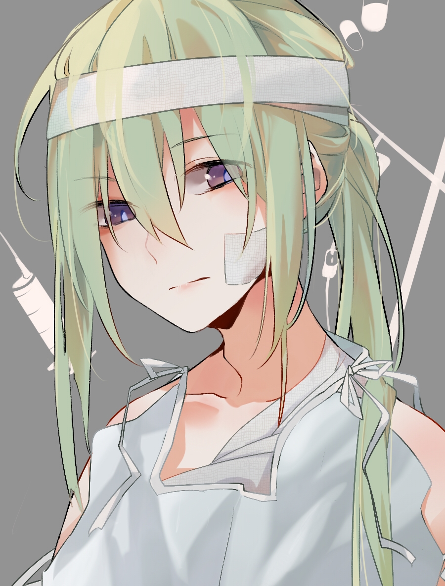1boy bandage bandaged_head bandaid bandaid_on_face blue_eyes commentary_request fate/grand_order fate_(series) green_hair grey_background hair_between_eyes hospital_gown kingu_(fate) long_hair looking_at_viewer pill portrait ribbon shakya. solo syringe white_ribbon
