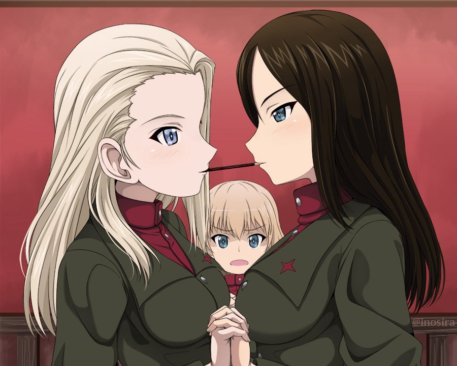 3girls bangs black_hair blonde_hair blue_eyes blush clara_(girls_und_panzer) commentary_request emblem eyebrows_visible_through_hair fang from_side girls_und_panzer green_jacket hand_holding indoors inoshira interlocked_fingers jacket katyusha long_hair long_sleeves looking_at_another multiple_girls nonna open_mouth pocky_day pravda_school_uniform red_shirt school_uniform shirt short_hair swept_bangs turtleneck upper_body yuri