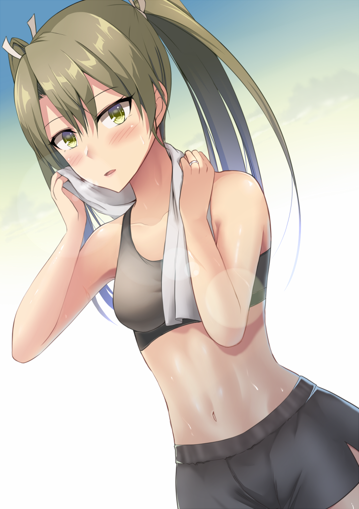 1girl bangs bare_arms bare_shoulders black_shorts blue_sky blush breasts clouds collarbone dutch_angle eyebrows_visible_through_hair green_eyes green_hair gym_shorts hair_between_eyes hair_ribbon jewelry kantai_collection lens_flare long_hair looking_at_viewer navel ohiya open_mouth ribbon ring shiny shiny_hair shiny_skin shorts side_slit sky small_breasts solo sports_bra stomach sweat toned towel towel_around_neck tsurime twintails wedding_band white_ribbon zuikaku_(kantai_collection)