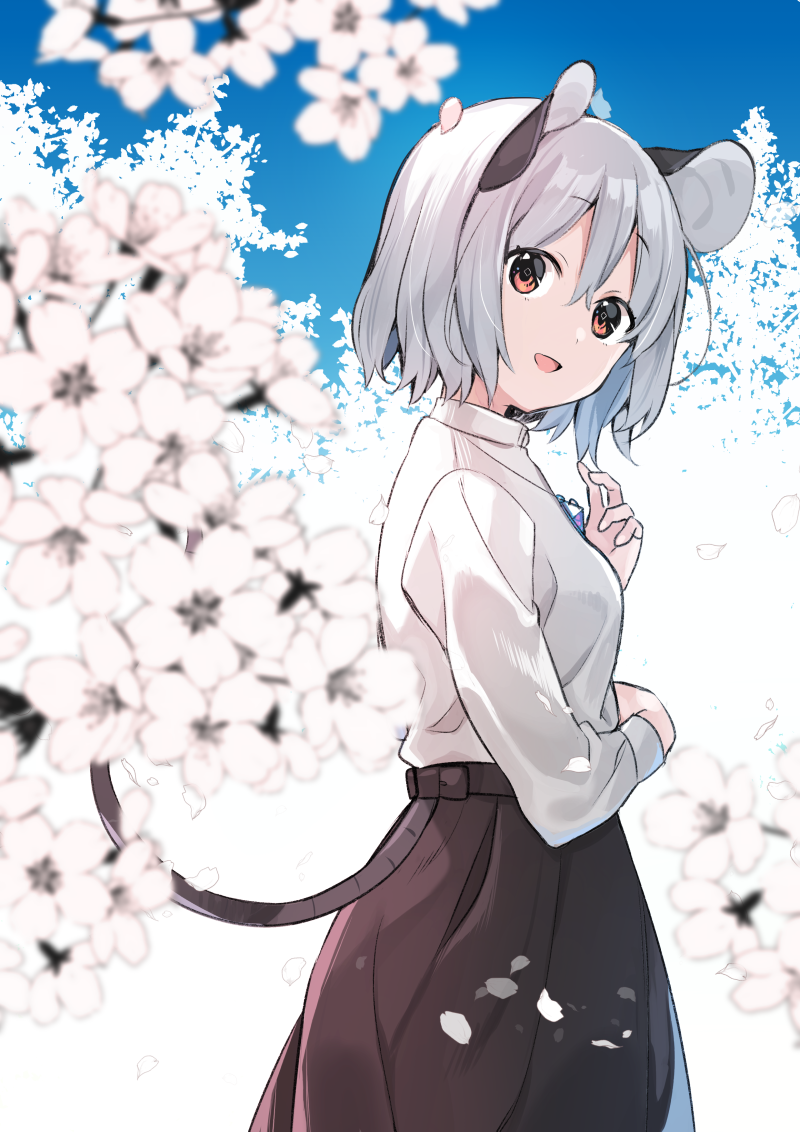 1girl adapted_costume akagashi_hagane alternate_costume animal_ears black_skirt blue_sky cherry_blossoms commentary grey_hair jewelry looking_at_viewer mouse_ears mouse_tail nazrin open_mouth pendant red_eyes shirt short_hair skirt sky smile solo tail touhou white_shirt