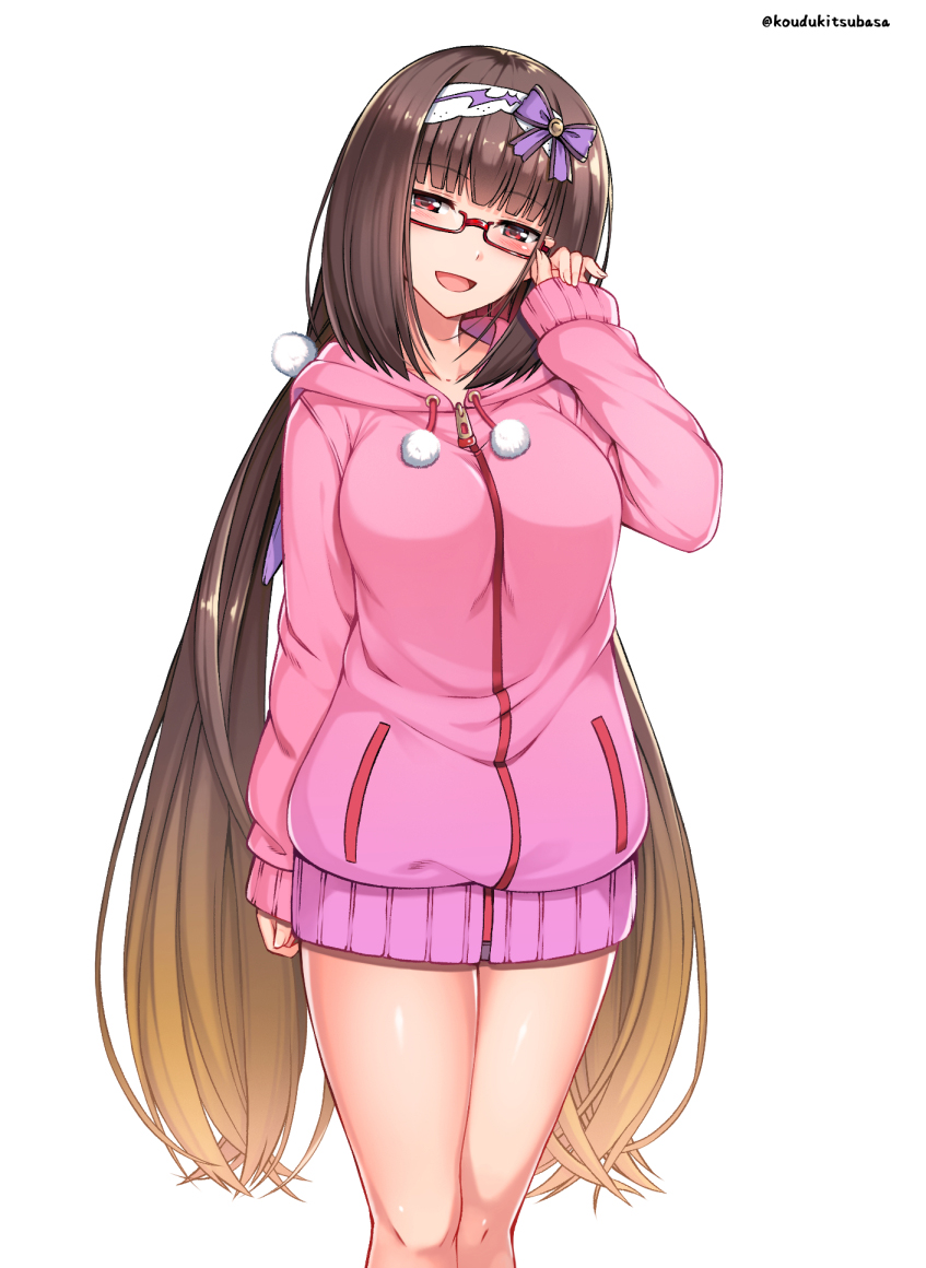 1girl :d adjusting_eyewear arm_at_side benitsuki_tsubasa blonde_hair blush bow breasts brown_hair drawstring fate/grand_order fate_(series) feet_out_of_frame glasses hair_bow hairband half-closed_eyes hand_up head_tilt hood hoodie legs_together long_hair long_sleeves looking_at_viewer low_twintails medium_breasts no_pants open_mouth osakabe-hime_(fate/grand_order) pink_hoodie pocket pom_pom_(clothes) purple_bow red-framed_eyewear red_eyes simple_background sleeves_past_wrists smile solo standing thighs twintails twitter_username two-tone_hairband very_long_hair white_background zipper