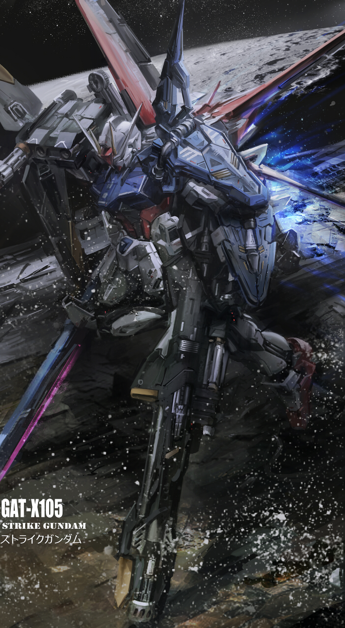 flying gat-x105c_strike-c gun gundam highres holding holding_gun holding_sword holding_weapon mecha moon robot space strike_gundam stu_dts sword weapon