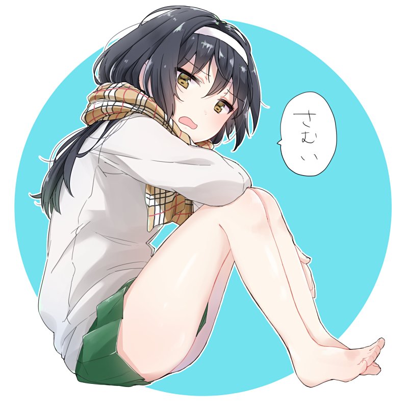 1girl bangs barefoot black_hair blouse blue_background brown_eyes brown_scarf circle commentary eyebrows_visible_through_hair from_side full_body girls_und_panzer green_skirt hairband invisible_chair legs long_hair long_sleeves looking_at_viewer miniskirt ooarai_school_uniform open_mouth plaid plaid_scarf pleated_skirt reizei_mako scarf school_uniform short_hair sitting skirt solo tam_a_mat translation_request white_blouse white_hairband